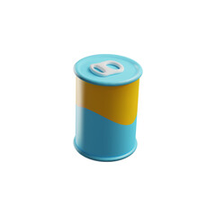 Tin can with ring pull on lid yellow and blue colors 3D vector, pet feed conserve product aluminum package with open key