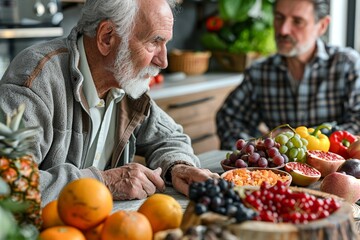 In a heartwarming scene, a senior man engages with a nutritionist in a close-up shot emphasizing their hands, focusing on the exchange of personalized nutrition advice