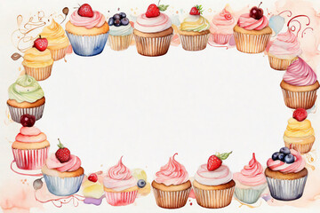 form for congratulations on a birthday, wedding or menu made in watercolor with cupcakes.