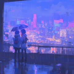 Charming Cityscape at Night with Two Individuals under a Umbrella - Perfect for Romantic or Urban Moods
