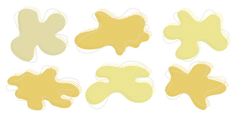 Collection of organic irregular blob shapes with decorative stripes and stroke line. Yellow random deform circle spot. Isolated white background Organic amoeba Doodle elements Vector illustration