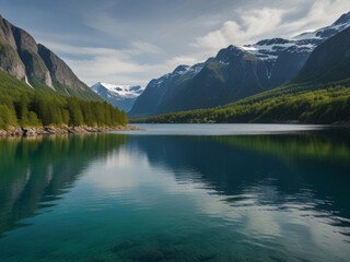 Fototapeta na wymiar Norwegian Fjord Fantasy: Glacial Valleys and Emerald Waters, Scandinavian Fairytale Scenery