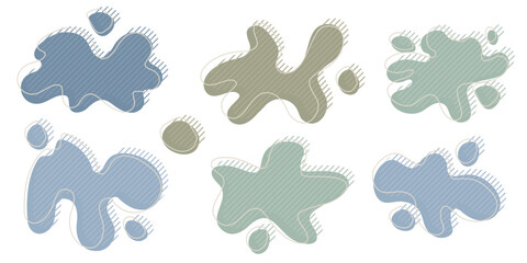 Collection of organic irregular blob shape with decorative stripes and stroke line. Yellow blue random deform circle spot. Isolated white background Organic amoeba Doodle elements Vector illustration.