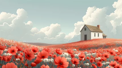 Fotobehang Idyllic serene landscape with a small white farmhouse amid vibrant red poppies, under a cloud-filled sky © Yusif