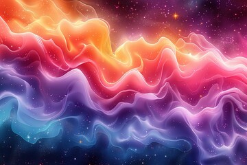 A seamless retro pattern featuring colorful, abstract waves and scattered stars
