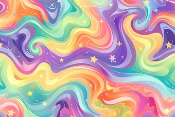Foto op Plexiglas A seamless retro pattern featuring colorful, abstract waves and scattered stars © Martin