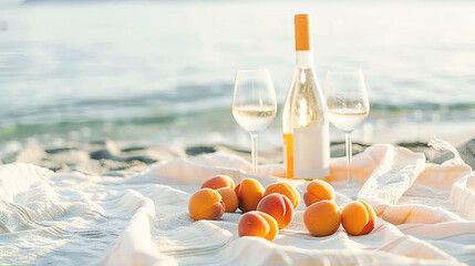 Bottle of white wine glass fresh apricots on linen cloth at the beach. beautiful scenery tranquil atmosphere
