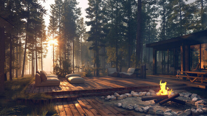 a bonfire place, elegant exterior design, exterior modern furniture, a pine forest far away, mid day, warm sun rays