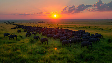 A large herd of elephants migrating across an African savanna at sunset, shot in HDR to enhance the...