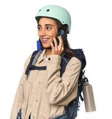 Hispanic woman with gear talking on phone