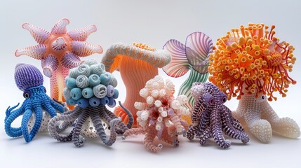 Colorful handcrafted knitted sea creatures on a white background, showcasing remarkable creativity and detail