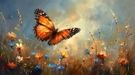 Intimate Encounter: Butterfly and Wind in Close-Up Oil Painting