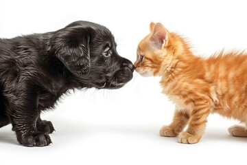 Fototapeta premium Side view, close-up of a black labrador puppy standing nose to nose with a fluffy ginger kitten isolated on a white background