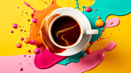 Cup of freshly brewed coffee with colorful splashes of paint in pop art style. Pink yellow blue...