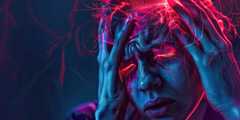 Migraine: The Throbbing Headache and Sensitivity to Light - Imagine a person with highlighted brain showing vascular changes, experiencing throbbing headache and sensitivity to light - obrazy, fototapety, plakaty