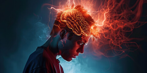 Migraine: The Throbbing Headache and Sensitivity to Light - Imagine a person with highlighted brain showing vascular changes, experiencing throbbing headache and sensitivity to light - obrazy, fototapety, plakaty