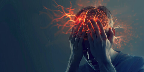 Migraine: The Throbbing Headache and Sensitivity to Light - Imagine a person with highlighted brain showing vascular changes, experiencing throbbing headache and sensitivity to light