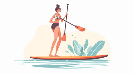 Young fit woman standing on sup board with paddle. 