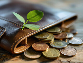 A plant growing out of a wallet with coins spilling out of it.