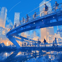 A lively nightfall scene of a pedestrian bridge suspended over city lights