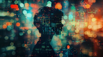 silhouette of a person against a backdrop of complex digital interfaces. futuristic, technology,