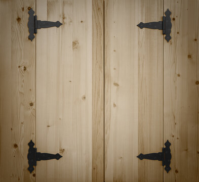 Closed wooden shutters on black wrought iron hinges
