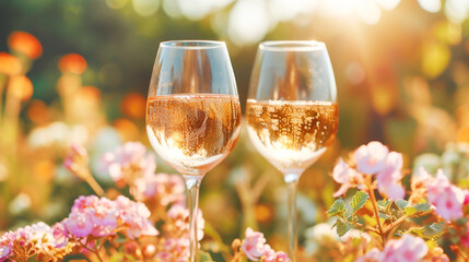 Two glasses with white wine among flowers at vineyard in golden sunlight - obrazy, fototapety, plakaty
