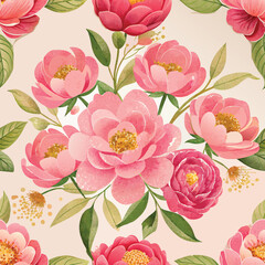 A watercolor seamless pattern of a bouquet of pink flowers with a gold leaf. The flowers are arranged in a vase and the leaves are green.
