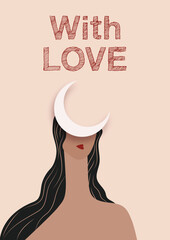 Poster with creative portrait of a woman with moon and red lips with love