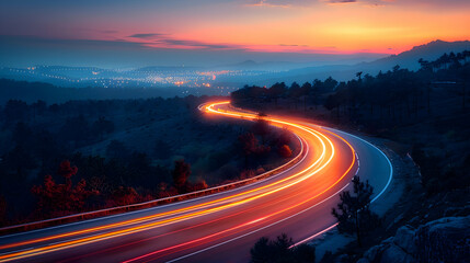 A long exposure of cars winding through mountain roads at night, turning the headlights into continuous light trails