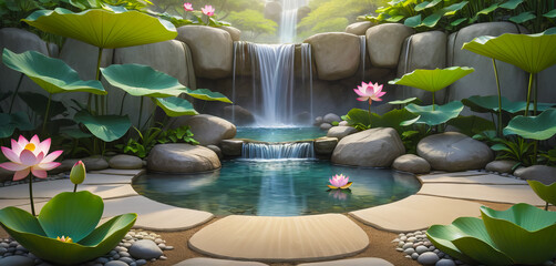 Japanese Zen garden with cascade waterfall, pond with lotus flowers. Meditation, peace, harmony, relax, mental wellness. Photorealistic landscape background illustration