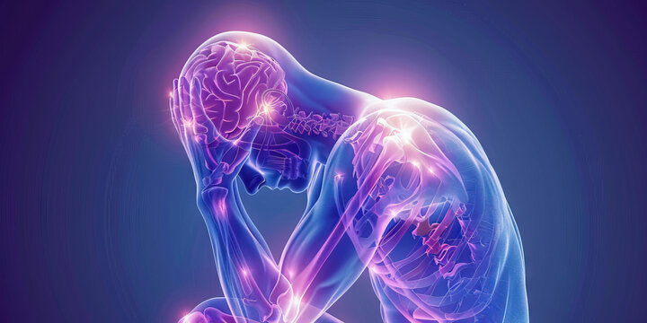 Fibromyalgia: The Widespread Pain and Fatigue - Imagine a person with highlighted muscles showing sensitivity, experiencing widespread pain and fatigue,
