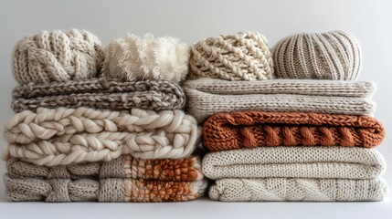 Cozy knitted winter accessories stack by a window, symbolizing warmth and comfort
