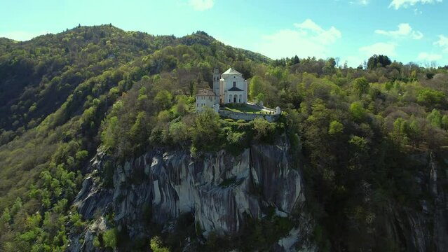 Aerial footage of the Sanctuary on a rocky spur Santuario Madonna del Sasso