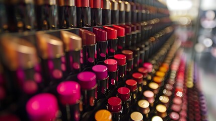 Fototapeta premium Close-up of large group of lipsticks in a store