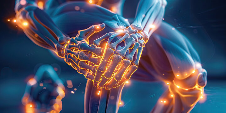 Rheumatoid Arthritis: The Joint Inflammation and Stiffness - Imagine a person with highlighted joints showing autoimmune attack, experiencing joint inflammation and stiffness,