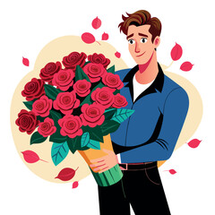 A man is holding a bouquet of red roses. He is smiling and looking at the camera