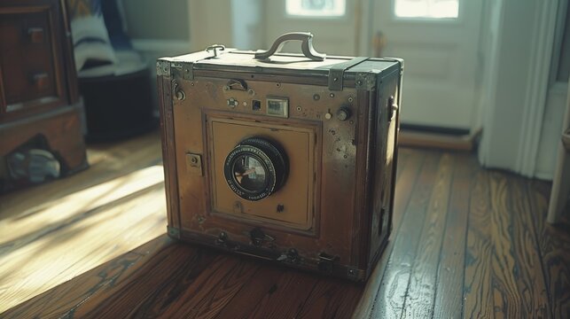 Vintage camera resting in a nostalgic room bathed in sunlight streaming through the window