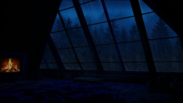 Gentle rain on a cozy cabin balcony ambience to sleep cozy,Very high