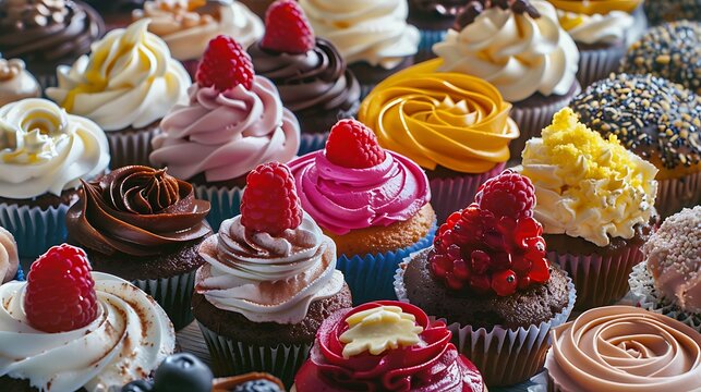 horizontal color depicting a selection of freshly baked delicious cakes and cupcake