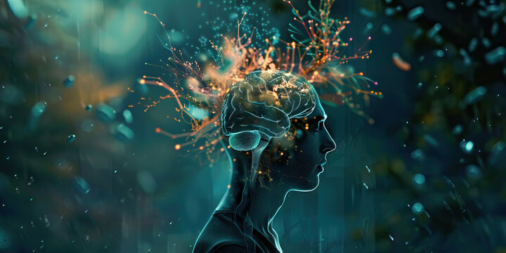 Schizophrenia: The Hallucinations and Delusions - Visualize a person with highlighted brain showing neurotransmitter imbalance, experiencing hallucinations and delusions,