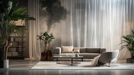 przytulny elegancki luksusowy i minimalistyczny pokój z tapetą na ścianie z wygodną sofą firanami i zasłonami na oknie 