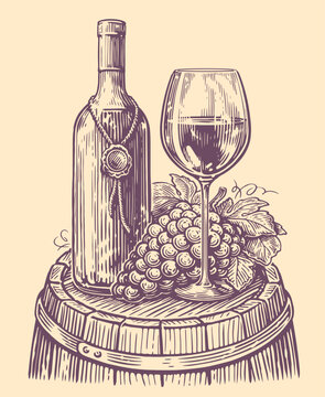 recommend clip art: Bottle of wine with wine glass and grapes. Winery sketch. Vector illustration vintage engraving style