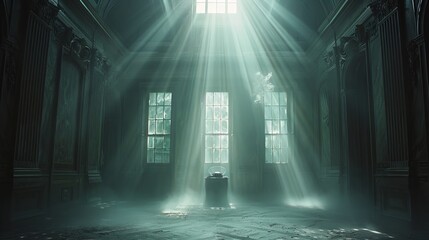 Solitary antique gramophone in a mysterious, mist-filled room with ethereal light streaming in - obrazy, fototapety, plakaty