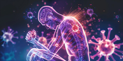 Systemic Lupus Erythematosus (SLE): The Joint Pain and Skin Rash - Imagine a person with highlighted immune system showing hyperactivity, experiencing joint pain and skin rash