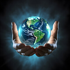 Earth day. Energy saving concept.Protect the planet with plant around as symbol for sustainable developmen and responsible environmental and energy sources for renewable. Hands holding earth. 
