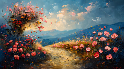 Pathway to Spring Daydream: Dreamy Oil Painting of Floral Path in Soft Pastels