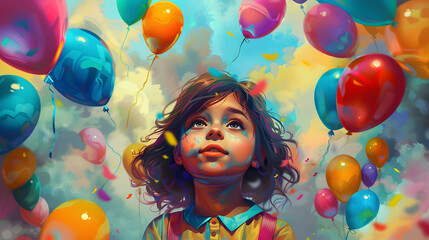 children were playing with colorful balloons happily and flying them into the air, playing in the meadow field. a picture for children's day