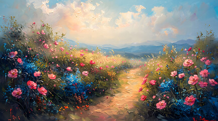 Springtime Invitation: Oil Painting of Floral Pathway Beckoning into Peaceful Daydream