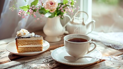 Coffee with Cake and tea set on a table